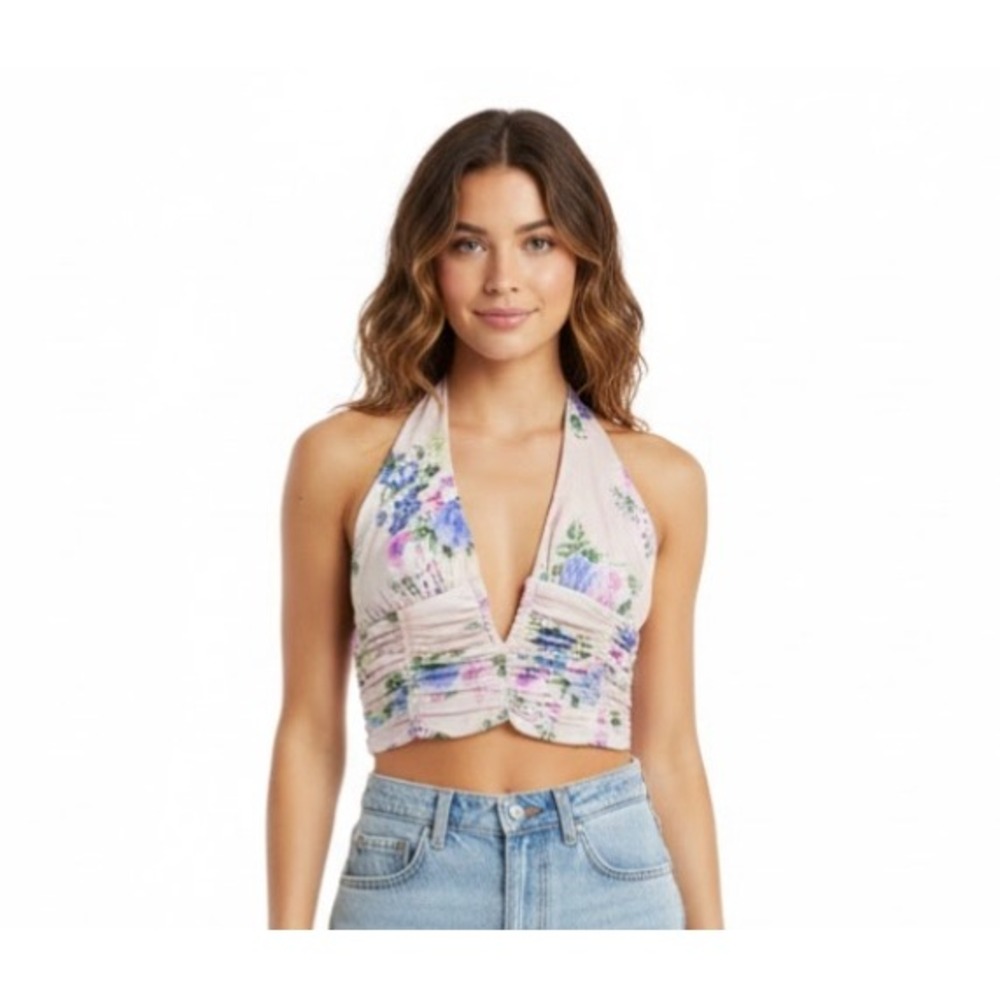 ZARA Womens Sm Floral Ruched Halter Crop Top Pink Blue Purple Coquette Fairycore